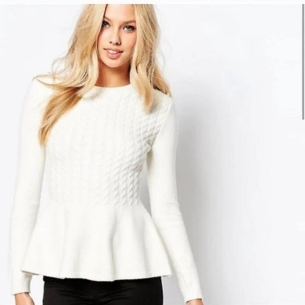 Ted Baker Mereda Cable Knit Peplum Sweater In Ivory Size 3 (Size 8)